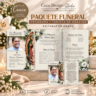 Paquete funerario digital editable en Canva de Cucu Design Studio, con programa funeral y tarjeta de oración con diseño elegante en tonos beige, café y dorado, flores blancas y Virgen de Guadalupe. Descarga digital instantánea.