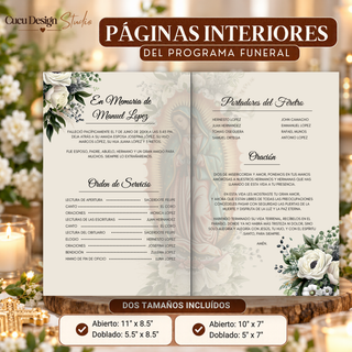 Páginas interiores de programa funeral editable en Canva, con memoria del difunto, orden del servicio, portadores del féretro y oración. Incluye dos tamaños: abierto de 11 x 8.5 pulgadas y 10 x 7 pulgadas.