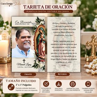 Tarjeta de oración funeraria editable en Canva, con fotografía del difunto, imagen de la Virgen de Guadalupe, flores blancas y oración católica. Tamaño de 3 x 5 pulgadas, ideal para imprimir o compartir por celular.
