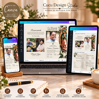 Vista del paquete funerario digital de Cucu Design Studio en computadora portátil, tableta y celular. Plantillas editables en Canva para personalizar fotografías, textos, colores y tipografías.
