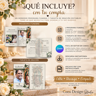 Contenido del paquete funerario digital: un programa funeral en dos tamaños, una tarjeta de oración de 3 x 5 pulgadas, plantillas editables en Canva y archivo PDF con instrucciones para acceder y editar.