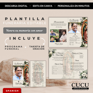 Plantilla funeraria editable con Virgen de Guadalupe y flores elegantes en tonos crema, incluye programa funerario y tarjeta de oración personalizable en Canva / Editable funeral template with Virgin of Guadalupe and elegant floral design in soft cream tones, includes funeral program and prayer card, easy to customize in Canva for memorial services