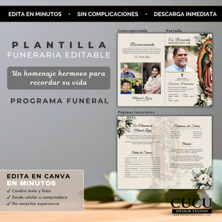 Diseño de programa funerario abierto mostrando portada y contraportada con fotos familiares, detalles del servicio y estilo religioso elegante / Funeral program layout showing front and back pages with family photos, service details and elegant religious design perfect for Catholic memorials