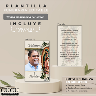 Tarjeta de oración funeraria con imagen de la Virgen de Guadalupe, foto del ser querido y texto espiritual, diseño delicado y significativo / Funeral prayer card featuring Virgin of Guadalupe, loved one photo and spiritual message, soft and meaningful religious design