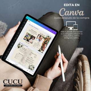 Vista en tablet mostrando la edición en Canva, demostrando lo fácil que es personalizar texto y fotos desde cualquier dispositivo / Tablet view showing Canva editing interface, highlighting easy customization of text and photos from phone, tablet or computer