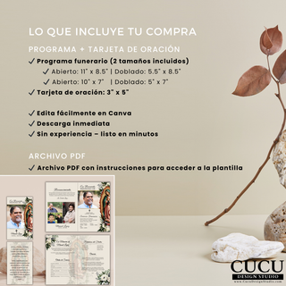 Información del producto incluyendo tamaños del programa funerario y tarjeta de oración, descarga digital y acceso inmediato / Product details showing included sizes for funeral program and prayer card, instant digital download and easy access instructions