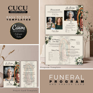 Catholic funeral service program template, Our Lady of Guadalupe funeral template, editable funeral template Virgen Mary, celebration of life template, printable Catholic funeral program, Catholic funeral prayer card, prayer card editable, Spanish Nuestra Señora de Guadalupe, cucu design studio