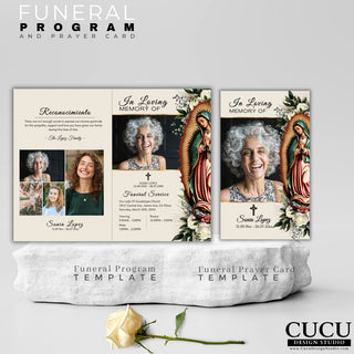 Spanish funeral program Nuestra Señora de Guadalupe, Virgen Maria funeral program, prayer card, Catholic prayer cards,  template funeral service program, printable funeral program, celebration of life template, Canva funeral program brochure, Cucu design studio
