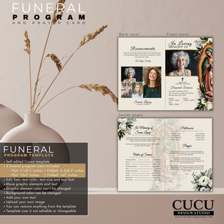 Catholic funeral service program template, Our Lady of Guadalupe funeral template, editable funeral template Virgen Mary, celebration of life template, printable Catholic funeral program, Catholic funeral prayer card, prayer card editable, Spanish Nuestra Señora de Guadalupe, cucu design studio