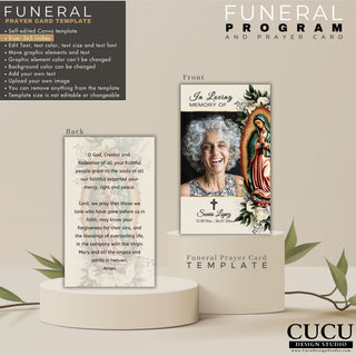 Catholic funeral service program template, Our Lady of Guadalupe funeral template, editable funeral template Virgen Mary, celebration of life template, printable Catholic funeral program, Catholic funeral prayer card, prayer card editable, Spanish Nuestra Señora de Guadalupe, cucu design studio