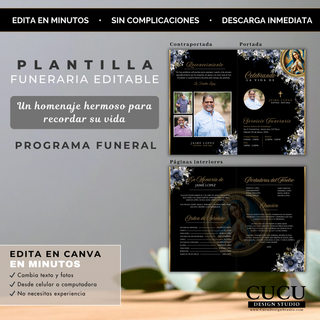 Diseño de programa funerario mostrando portada y contraportada con fotos familiares, detalles del servicio y estilo elegante religioso en tonos oscuros / Funeral program layout showing front and back pages with family photos, service details and elegant dark religious design