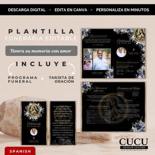 Plantilla funeraria elegante en negro y dorado con Virgen de Guadalupe y flores sofisticadas, incluye programa funerario y tarjeta de oración editable en Canva / Elegant black and gold funeral template with Virgin of Guadalupe and floral accents, includes funeral program and prayer card editable in Canva