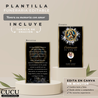Tarjeta de oración funeraria con Virgen de Guadalupe, fondo negro y texto espiritual, diseño sofisticado y significativo / Funeral prayer card with Virgin of Guadalupe, black background and spiritual text, elegant and meaningful religious design