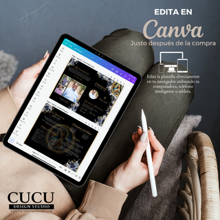 Vista en tablet mostrando la edición en Canva, demostrando lo fácil que es personalizar la plantilla desde cualquier dispositivo / Tablet view showing Canva editing interface, highlighting easy customization from phone, tablet or computer