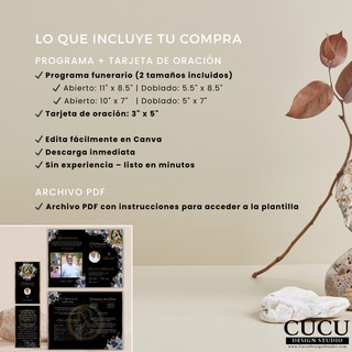 Información del producto incluyendo tamaños del programa funerario y tarjeta de oración, descarga digital inmediata / Product information showing included sizes for funeral program and prayer card with instant digital download details