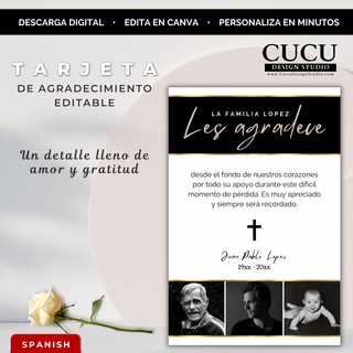 Tarjeta de agradecimiento funeraria elegante en negro y dorado editable en Canva con diseño minimalista y mensaje de gratitud / Elegant black and gold funeral thank you card template editable in Canva with minimalist design and gratitude message