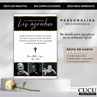 Plantilla de tarjeta funeraria personalizable en Canva sin experiencia con diseño limpio y moderno en tonos negro y dorado / Customizable funeral thank you card template in Canva no experience needed with clean modern black and gold design