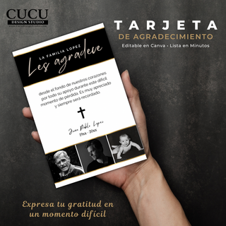 Tarjeta de agradecimiento funeraria sostenida en mano mostrando diseño elegante y fotos familiares en blanco y negro editable en Canva / Funeral thank you card held in hand showing elegant layout with black and white family photos editable in Canva