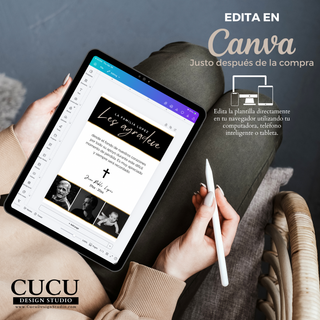Plantilla Canva editable desde tablet mostrando tarjeta funeraria con texto personalizable y acceso inmediato después de la compra / Canva editable template shown on tablet with customizable funeral thank you card and instant download access