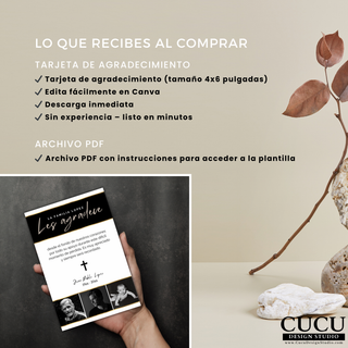 Incluye tarjeta de agradecimiento tamaño 4x6, descarga digital con acceso inmediato y edición fácil en Canva sin experiencia. / Includes 4x6 thank you card, instant digital download with easy editing in Canva, no experience needed.