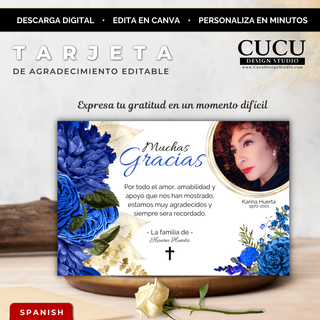 Tarjeta de agradecimiento funeral con flores azules elegantes y detalles dorados, plantilla editable en Canva con foto circular / Elegant blue floral funeral thank you card with gold accents, editable Canva template with photo frame