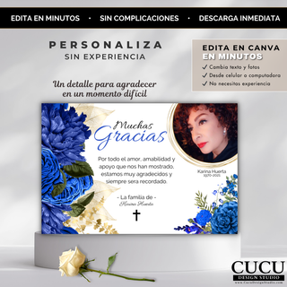 Plantilla de tarjeta funeral editable en Canva, diseño elegante con flores azules, fácil de personalizar sin experiencia / Editable funeral thank you card template in Canva, blue floral elegant design, easy to customize no experience needed