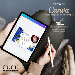 Edición de plantilla en Canva desde tablet, diseño de tarjeta funeral con flores azules editable en minutos / Editing funeral card template in Canva on tablet, blue floral design customizable in minutes