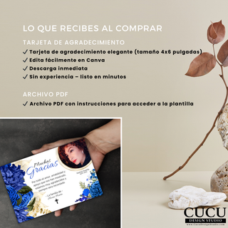 Incluye tarjeta de agradecimiento tamaño 4x6, descarga digital con acceso inmediato y edición fácil en Canva sin experiencia. / Includes 4x6 thank you card, instant digital download with easy editing in Canva, no experience needed.