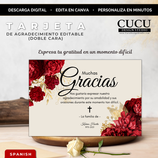 Tarjeta de agradecimiento funeraria con flores rojas y detalles dorados, diseño elegante editable en Canva / Elegant funeral thank you card with red flowers and gold accents, editable Canva template