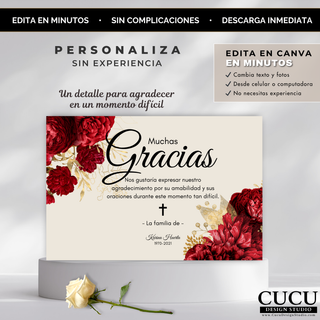 Tarjeta funeraria editable en Canva con personalización fácil, sin experiencia necesaria / Editable funeral card in Canva with easy customization, no experience needed