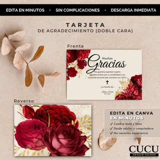 Vista frontal y reverso de tarjeta de agradecimiento con flores rojas y diseño elegante / Front and back view of funeral thank you card with red floral elegant design