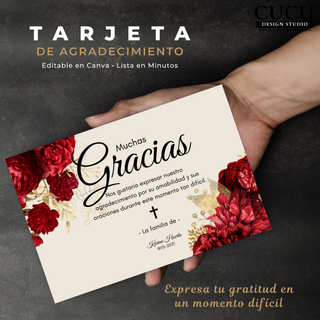 Tarjeta de agradecimiento funeraria en mano mostrando diseño elegante con flores rojas / Funeral thank you card held in hand showing elegant red floral design