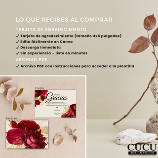 Incluye tarjeta de agradecimiento tamaño 4x6, descarga digital con acceso inmediato y edición fácil en Canva sin experiencia. / Includes 4x6 thank you card, instant digital download with easy editing in Canva, no experience needed.