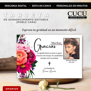 Tarjeta de agradecimiento de funeral editable en Canva con flores y foto, diseño doble cara / Editable funeral thank you card Canva template with flowers and photo, double sided design