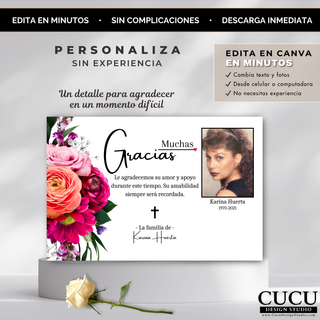 Plantilla de tarjeta de agradecimiento editable en Canva, fácil de personalizar sin experiencia / Editable thank you card Canva template, easy to customize no experience needed