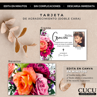 Tarjeta de agradecimiento doble cara, vista de frente y reverso con diseño floral elegante / Double sided thank you card, front and back view with elegant floral design