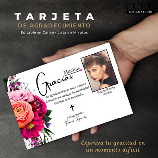 Tarjeta de agradecimiento de funeral con flores, diseño elegante para expresar gratitud / Funeral thank you card with floral design, elegant template to express gratitude