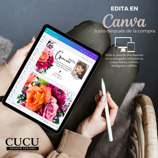 Edición de tarjeta en Canva desde tablet, personalización rápida después de la compra / Editing thank you card in Canva on tablet, quick customization after purchase