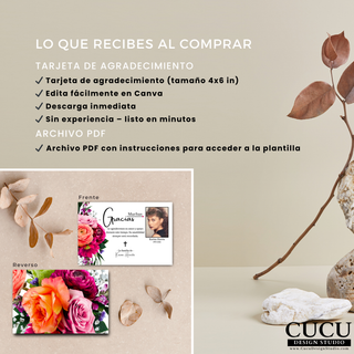 Incluye tarjeta de agradecimiento tamaño 4x6, descarga digital con acceso inmediato y edición fácil en Canva sin experiencia. / Includes 4x6 thank you card, instant digital download with easy editing in Canva, no experience needed.