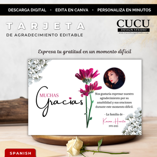 Tarjeta de agradecimiento funeral editable en Canva con flores rosadas elegantes y foto personalizada / Editable funeral thank you card Canva template with pink flowers and custom photo