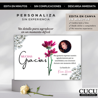 Plantilla de tarjeta funeraria moderna editable en Canva, diseño limpio con flores y texto personalizado / Modern funeral thank you card template editable in Canva with floral design and custom text