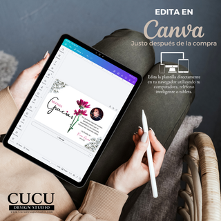 Plantilla de tarjeta en Canva mostrada en tablet, fácil de editar desde cualquier dispositivo / Canva template shown on tablet, easy to edit from any device