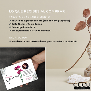 Incluye tarjeta de agradecimiento tamaño 4x6, descarga digital con acceso inmediato y edición fácil en Canva sin experiencia. / Includes 4x6 thank you card, instant digital download with easy editing in Canva, no experience needed.