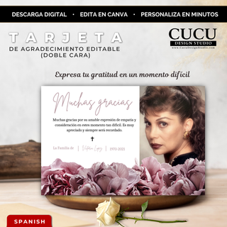 Tarjeta de agradecimiento funeral editable en Canva con diseño floral elegante en tonos rosados y foto personalizada / Editable funeral thank you card Canva template with elegant pink floral design and photo