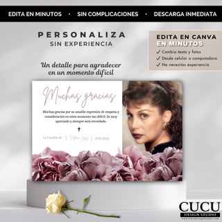 Plantilla de tarjeta funeral personalizable sin experiencia, diseño moderno con mensaje de agradecimiento / Customizable funeral thank you card template easy to edit Canva modern design gratitude message