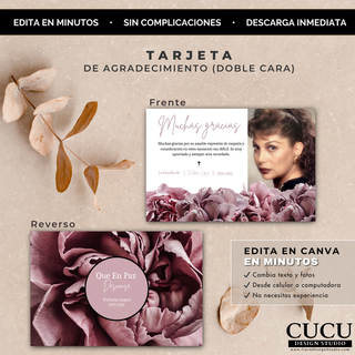 Tarjeta de agradecimiento doble cara con flores rosadas y diseño elegante para memorial / Double sided funeral thank you card with pink flowers elegant memorial design