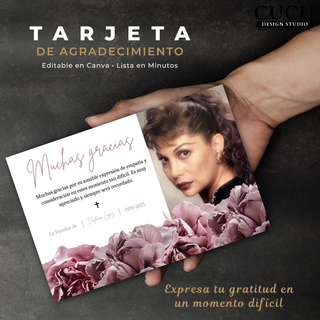 Vista en mano de tarjeta funeral editable mostrando diseño realista y elegante / Hand holding editable funeral card showing realistic elegant Canva template design