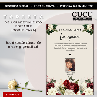 Tarjeta de agradecimiento funeraria editable en Canva con diseño floral rojo y crema, doble cara, incluye foto y mensaje de gratitud, descarga digital inmediata. / Editable funeral thank you card Canva template with red and cream floral design, double sided, includes photo and gratitude message, instant download.