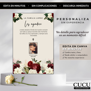Plantilla de tarjeta de agradecimiento funeral con diseño floral elegante, personalizable en minutos sin experiencia, ideal para homenajes y servicios. / Funeral thank you card template with elegant floral design, easy to customize in minutes, perfect for memorial services.