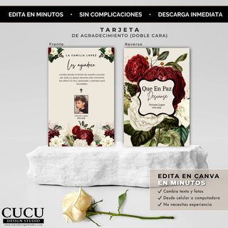 Tarjeta de agradecimiento doble cara, frente con mensaje y reverso con diseño floral y foto conmemorativa, plantilla editable en Canva. / Double sided funeral thank you card, front with message and back with floral design and memorial photo, editable Canva template.